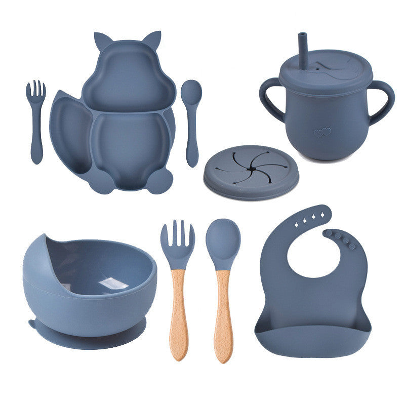 8 PCs Babies' Tableware Set Squirrel Dinner Plate Cup With Straw Silicone Bowl Bib Compartment Tray Spoon Fork Baby Bowl Wholesale