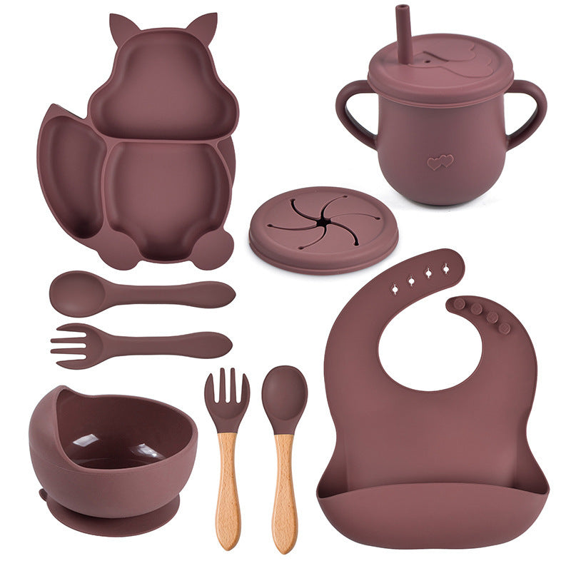 8 PCs Babies' Tableware Set Squirrel Dinner Plate Cup With Straw Silicone Bowl Bib Compartment Tray Spoon Fork Baby Bowl Wholesale